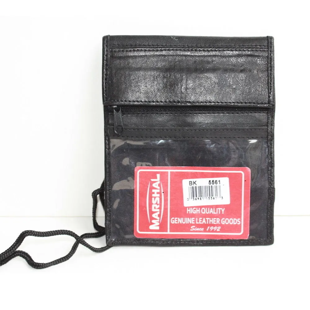 1 X Leather Badge Wallet Neck Strap ID Credit Card Holder Bifold Passport Pouch