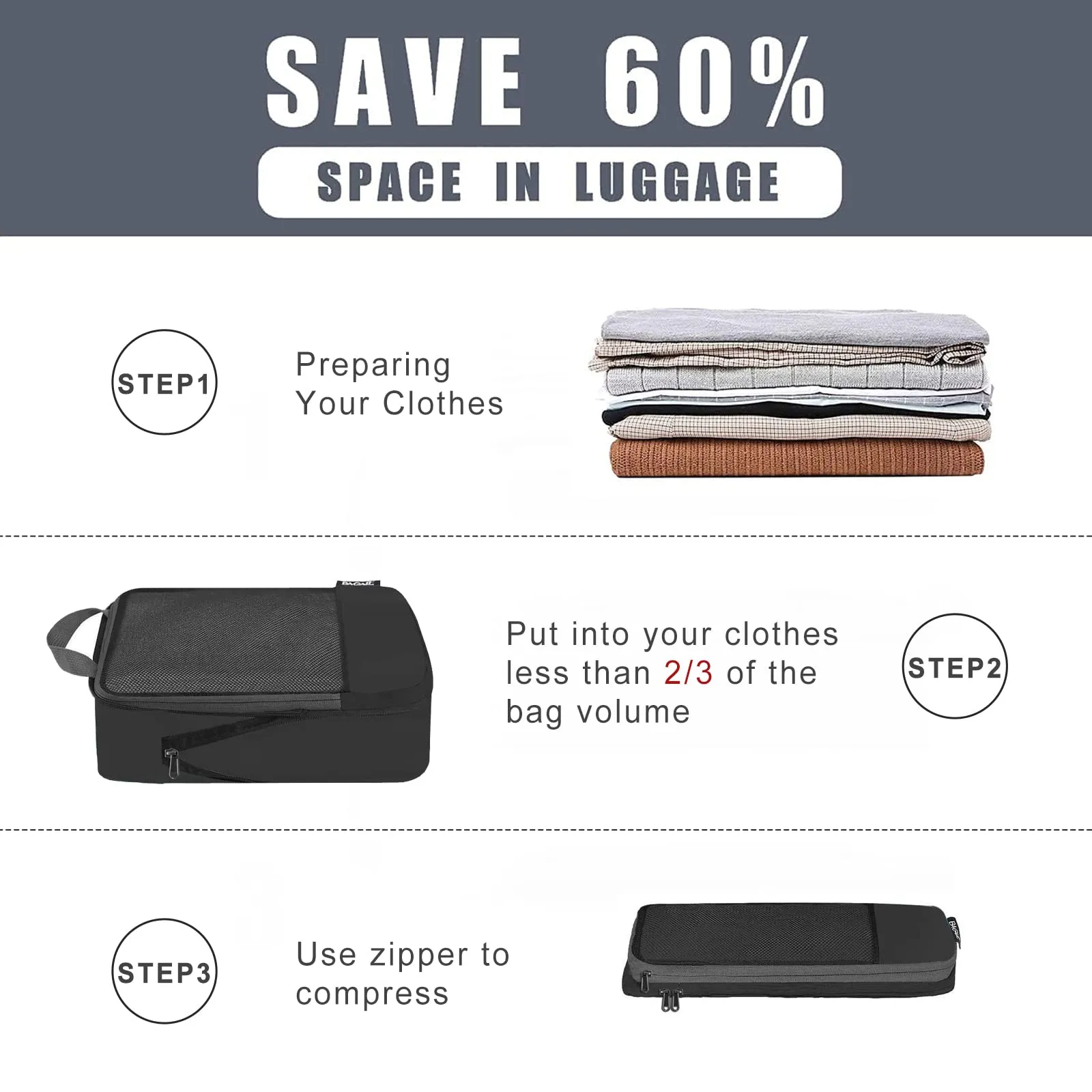 BAGAIL 4 Set/6 Set/8 Set Compression Packing Cubes Travel Accessories Expandable Packing Organizers(Black HalfMesh 6 Set)