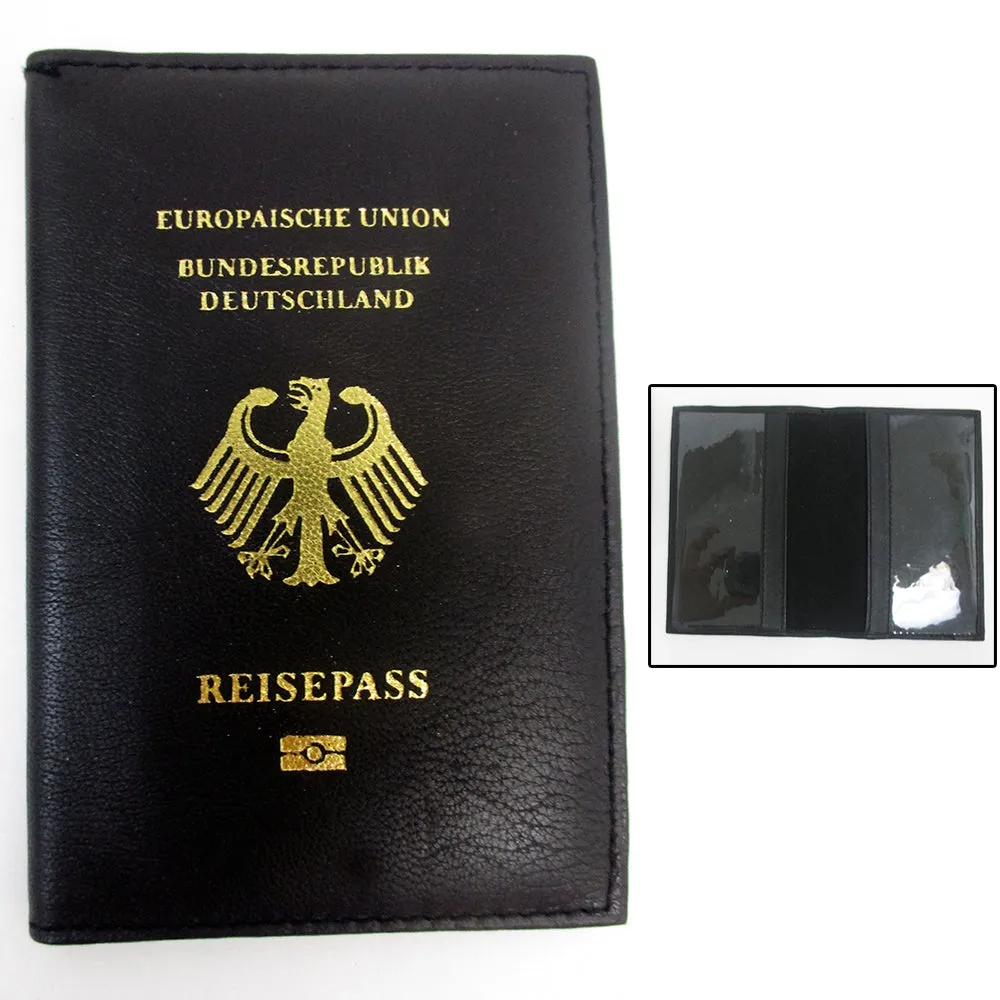 Deutschland German Leather Passport Cover Holder Black Case Card Protector New